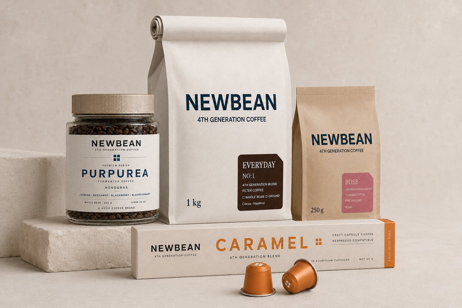NEWBEAN Everyday filter coffee, Purpurea premium coffee, Rose Turkish coffee and Caramel capsule coffee collection